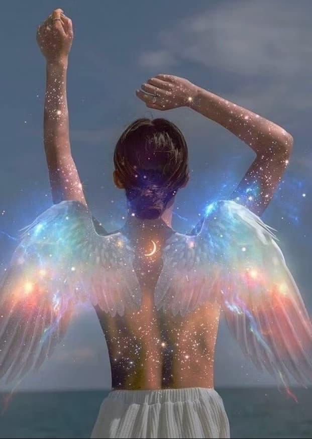 Ethereal figure with luminous cosmic wings