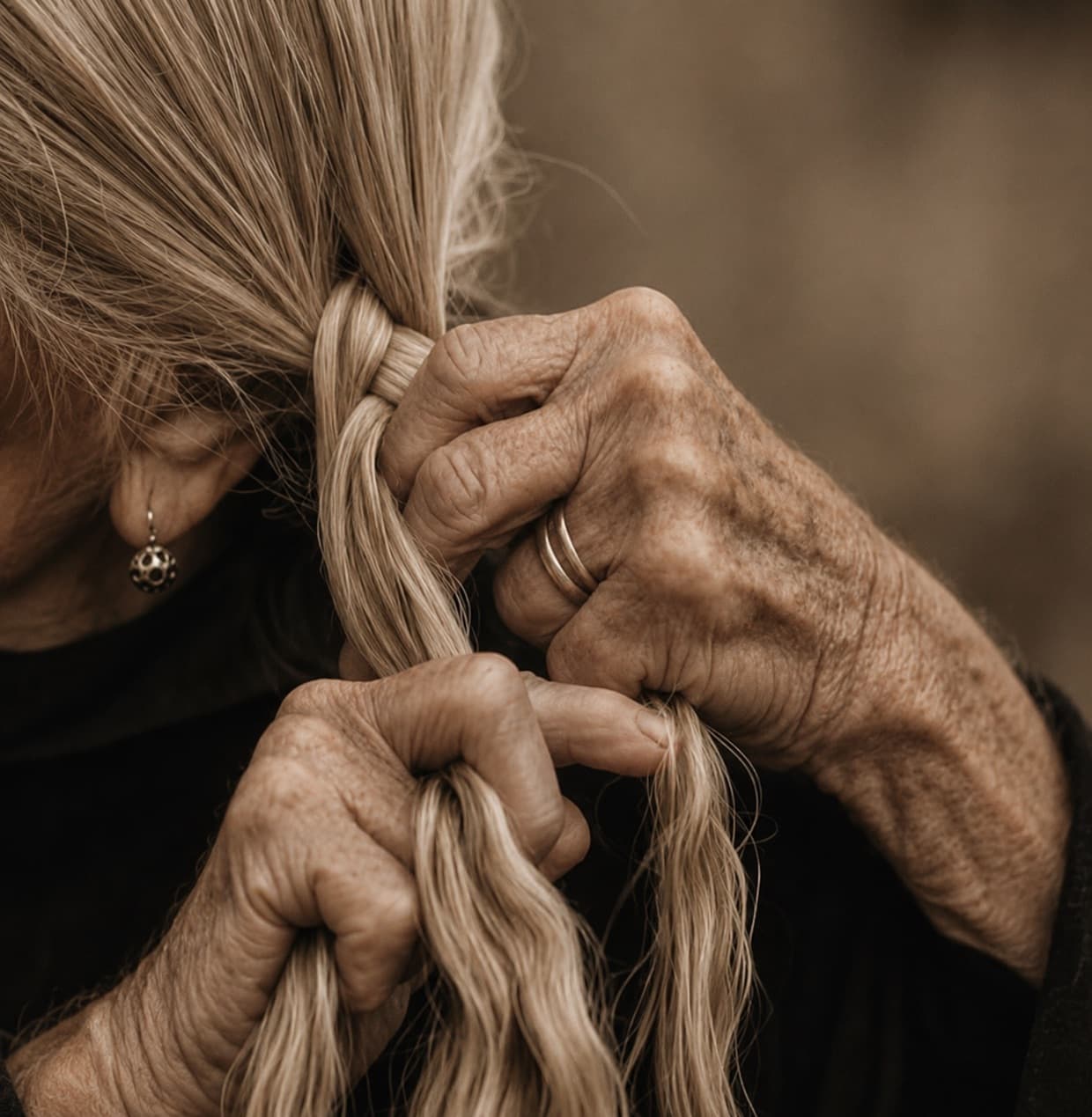An elder woman braiding her long silver hair