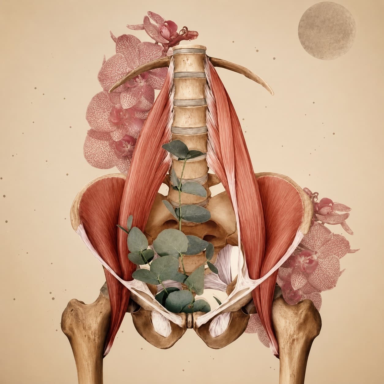 An anatomical illustration of the female pelvis, drawn amongst flowers and a moon