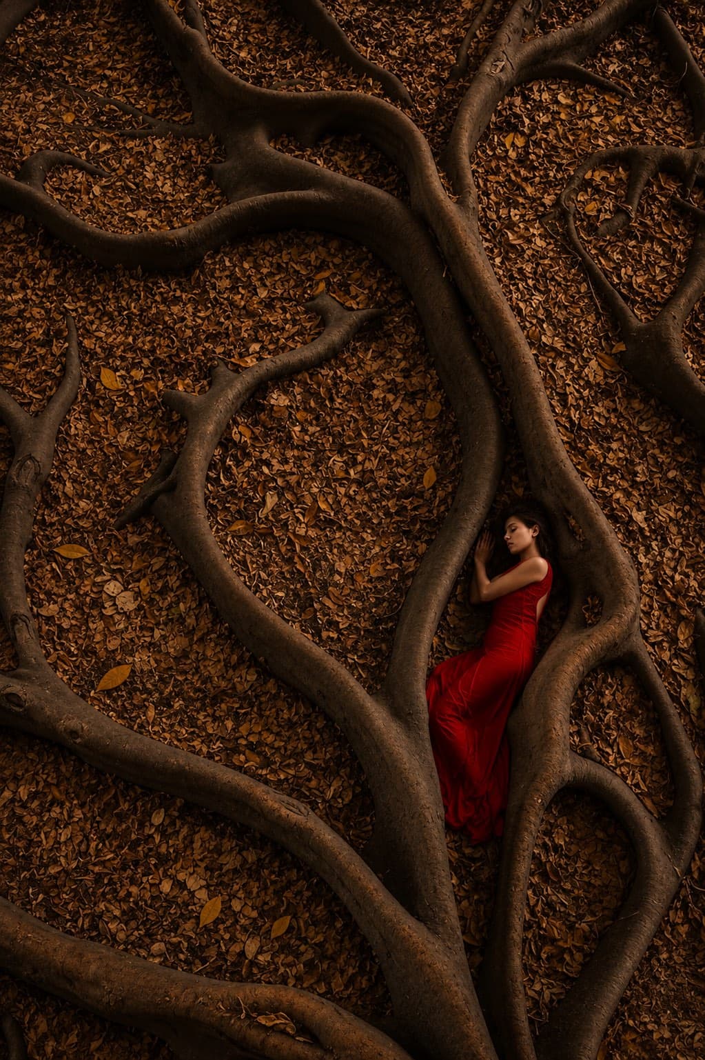A woman in red lying held within the roots of an ancient tree