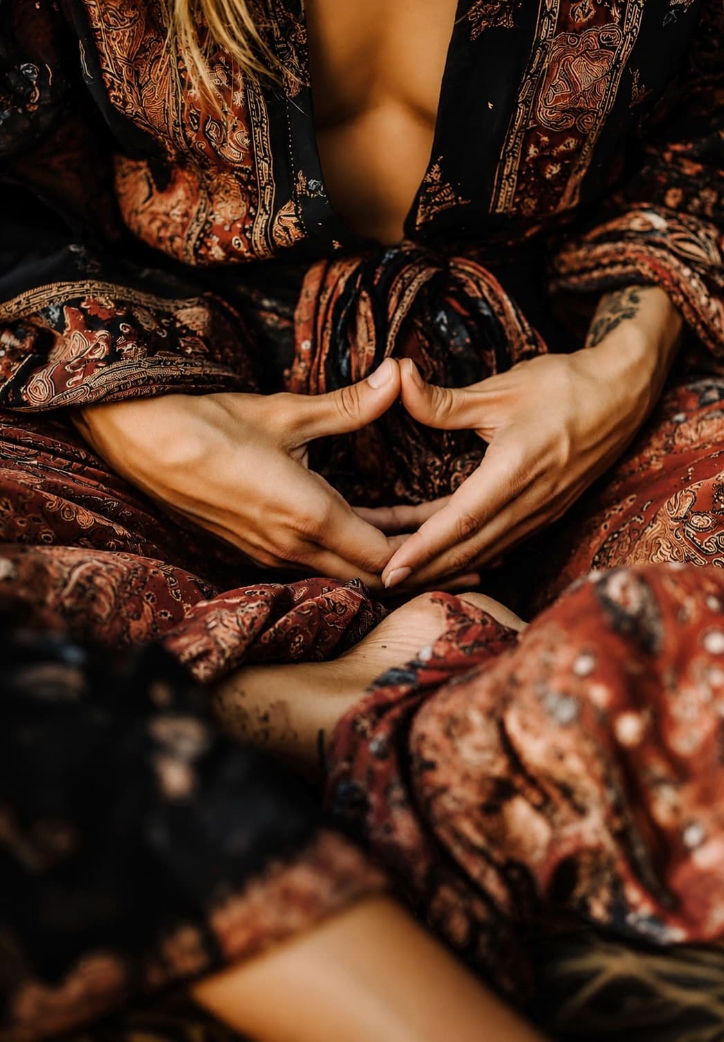 A woman seated cross-legged, hands resting in a triangle over her womb