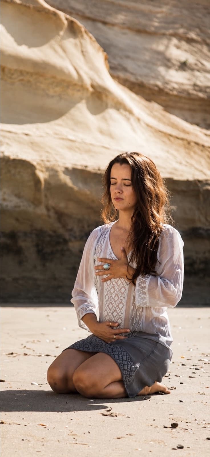 Sophia Cataldo kneeling on the sand, one hand on her heart and one on her womb