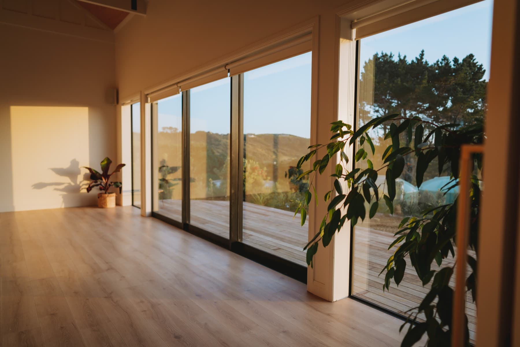 The light-filled gathering space at Kula Muriwai set for practice